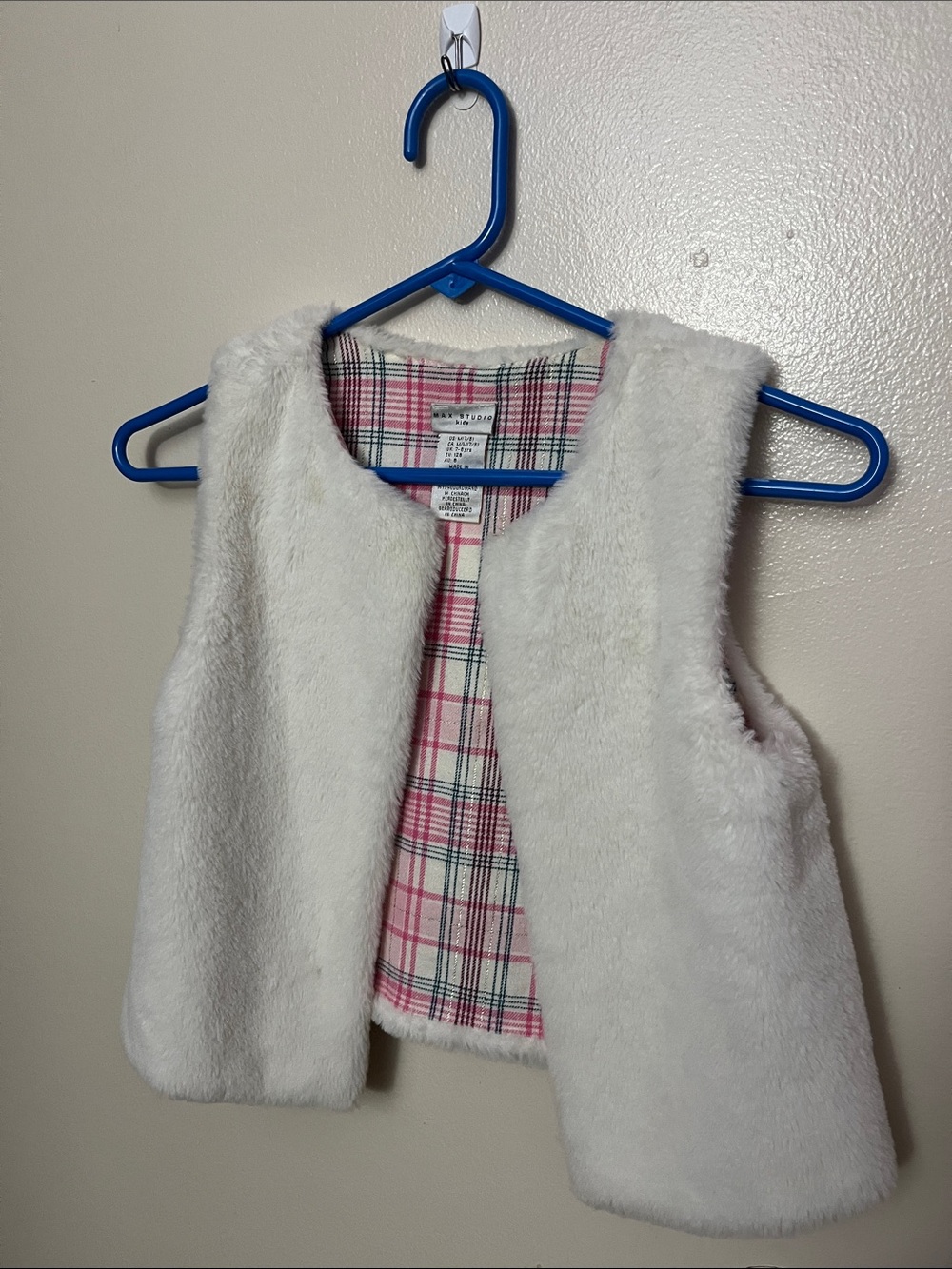 Girls' White Faux Fur Vest with Pink Plaid Lining